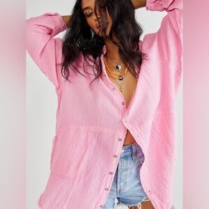 We The Free Pink Button-Down Gauze Shirt
